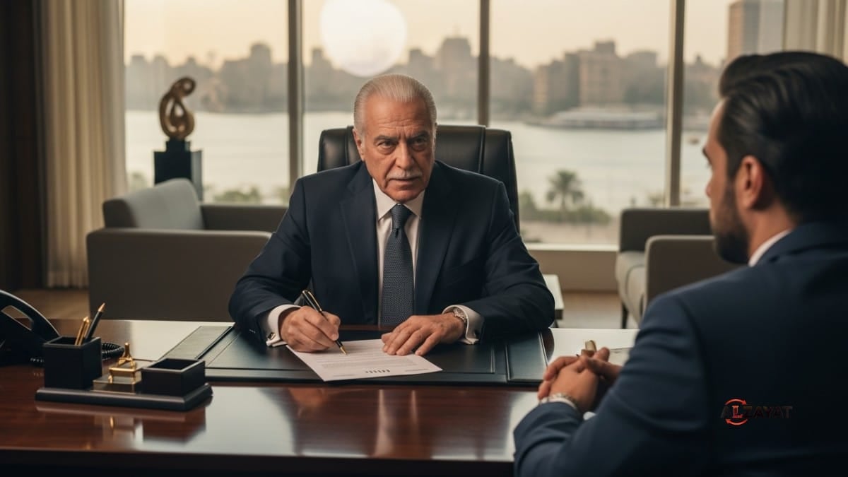 A senior lawyer at Alzayat Law Firm discusses the elements of a will in Egypt with a client in a luxurious Cairo office.