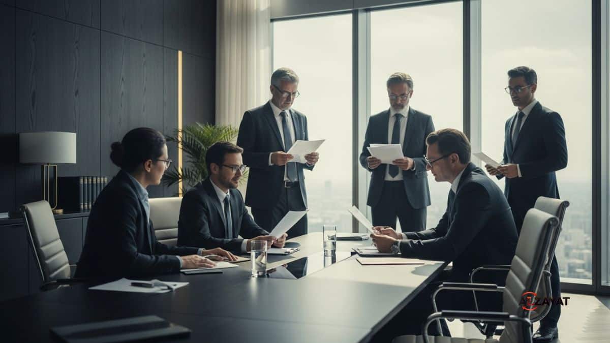 Senior lawyers discussing Corporate Legal Compliance with a client in a modern, luxurious office.