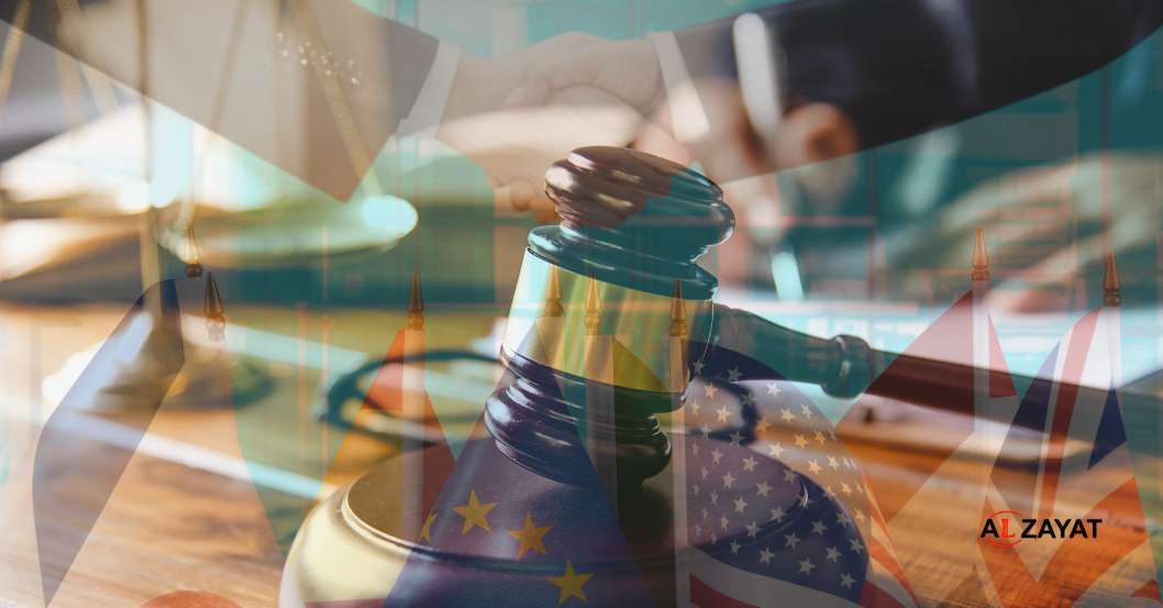 Un marteau de juge à côté d'un globe terrestre, symbolisant l'exécution internationale des jugements étrangers en Égypte, un service fourni par Alzayat Law Firm.