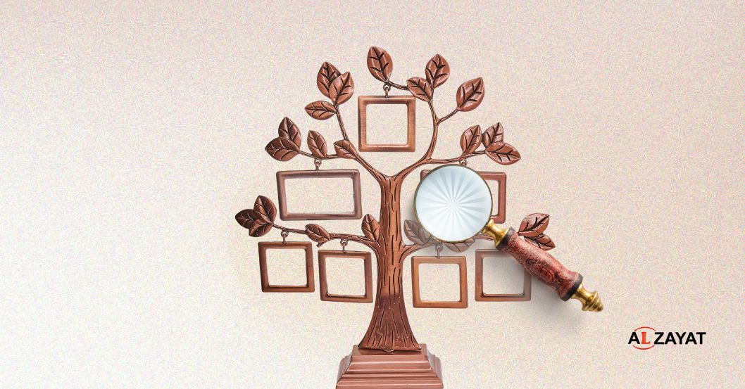 Un arbre généalogique examiné à la loupe, représentant le processus d'identification des héritiers en vertu du droit des successions égyptien