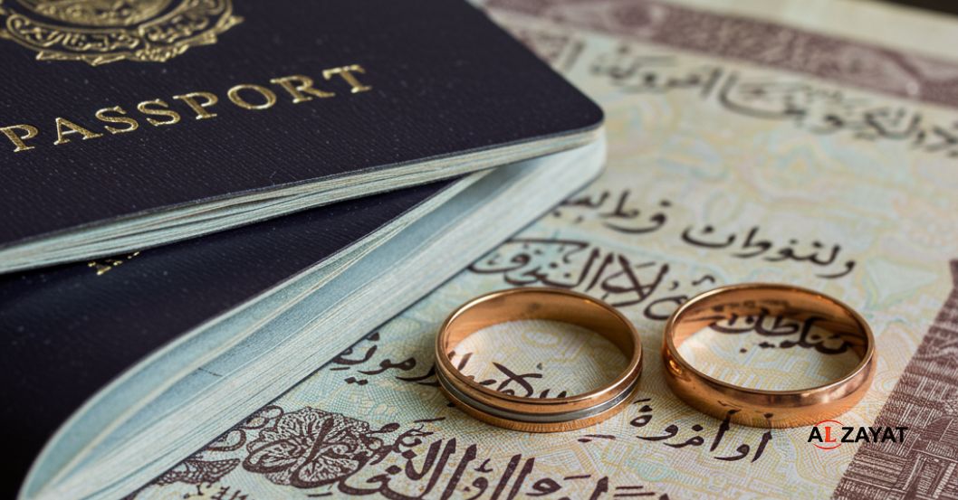 Un passeport étranger à côté d'une alliance sur un document juridique égyptien, symbolisant le processus de divorce en Égypte pour les épouses étrangères.