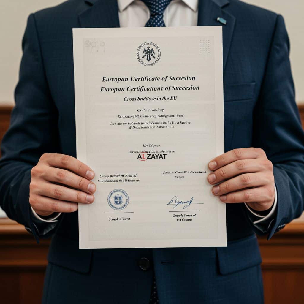 Юрист, держащий официальный документ Европейского свидетельства о наследовании, ключевой инструмент для управления трансграничным наследством в ЕС.