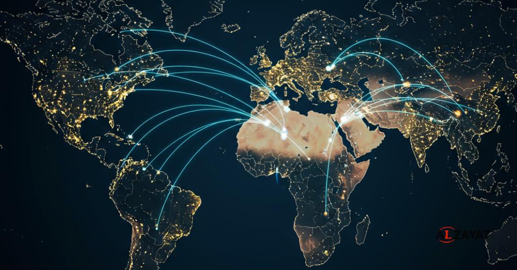 Une carte du monde avec des flèches reliant l'Égypte à d'autres pays, illustrant les complexités juridiques d'une succession transfrontalière pour les binationaux.