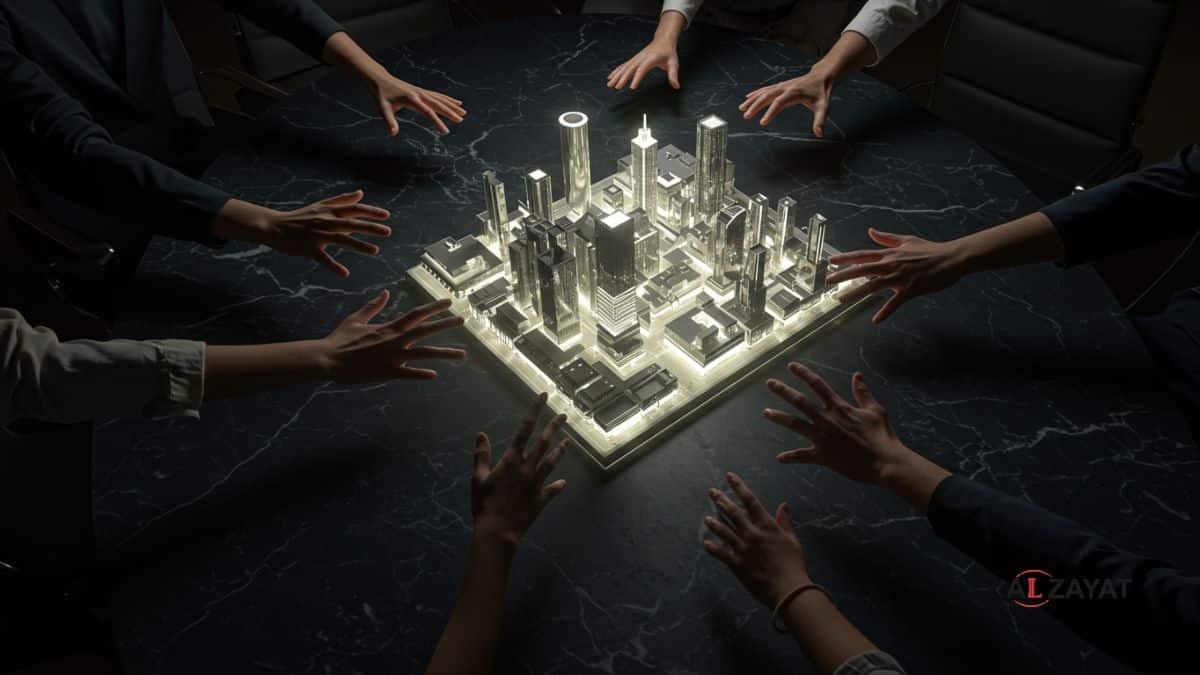 An image capturing the principle of collaboration within the ALZAYAT Law Firm Code of Ethics, showing diverse hands over a glowing architectural model in a luxury office, stamped with the firm logo.