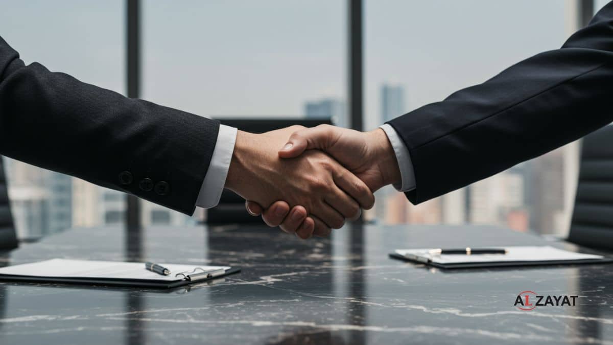 A handshake concluding a successful, fair hiring process under the ALZAYAT Law Firm diversity policy, stamped with the firm logo.