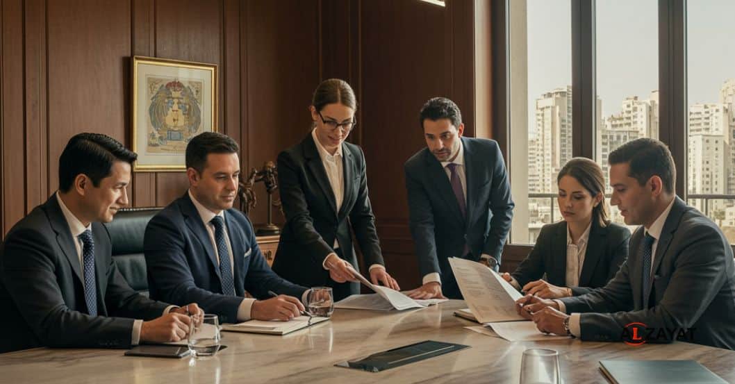 Avocats en Égypte discutant d'une affaire dans la salle de conférence moderne et professionnelle d'un cabinet d'avocats