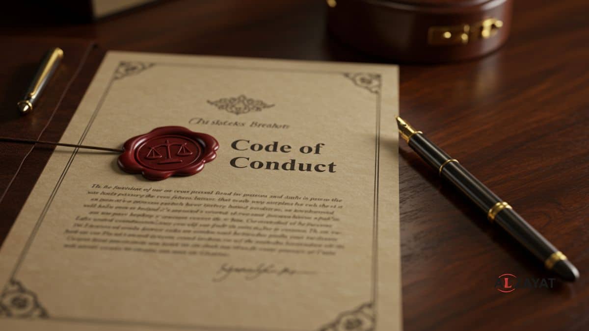 Uma representação visual do Código de Ética do ALZAYAT Law Firm, com um documento jurídico personalizado selado a cera, com o logótipo da firma.
