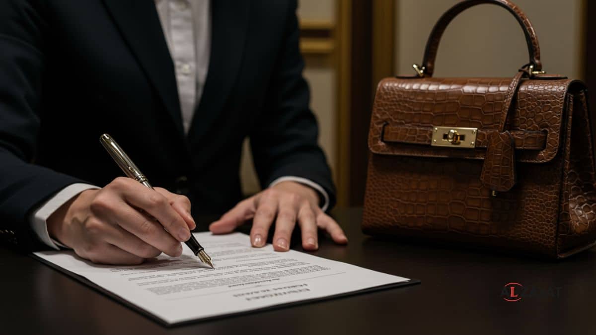 Un plan rapproché représentant le côté commercial du droit et de la mode en Égypte, montrant la signature d'un contrat, avec un sac à main de luxe, estampillé du logo.