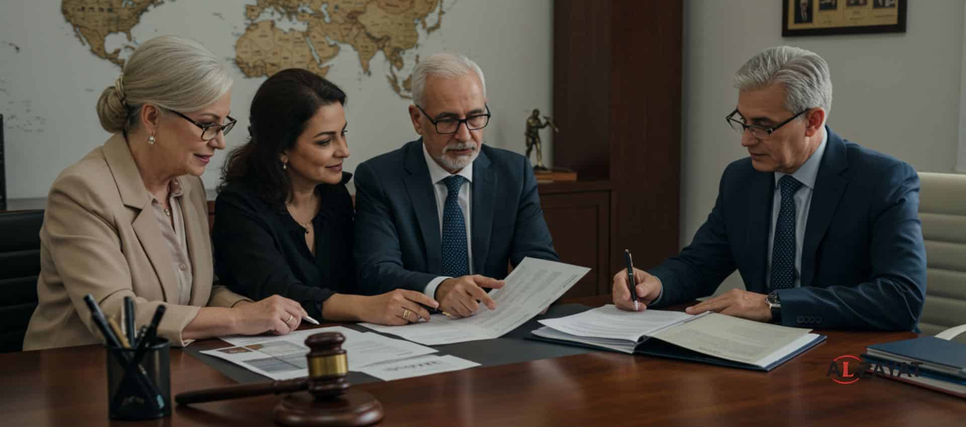 A family reviewing a multi-jurisdictional estate plan with their lawyer in a professional setting.