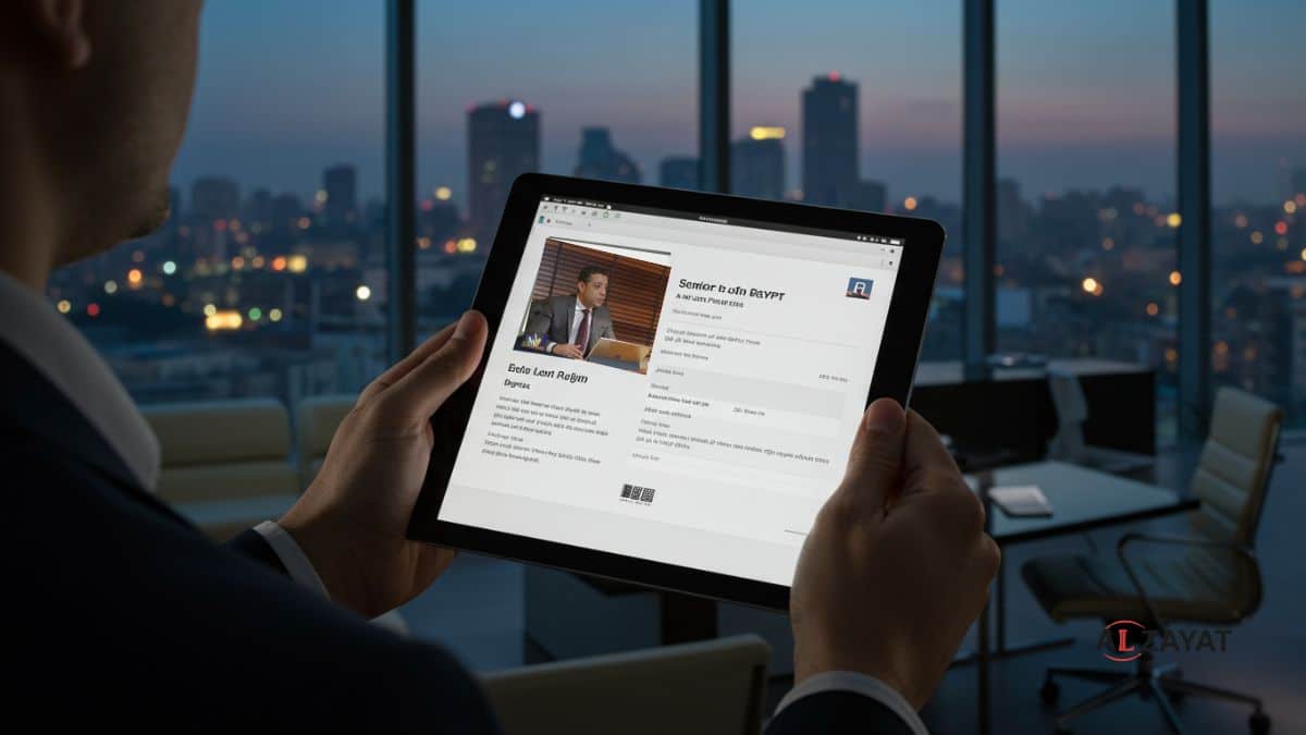 A hyper-realistic image visualizing the selection of a top law firm in Egypt, showing a client reviewing a partner's credentials on a tablet in a luxurious office setting, stamped with the firm logo.