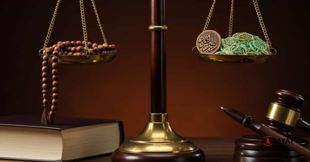 Une balance équilibrée pesant un livre de droit d'un côté et des symboles religieux/culturels de l'autre