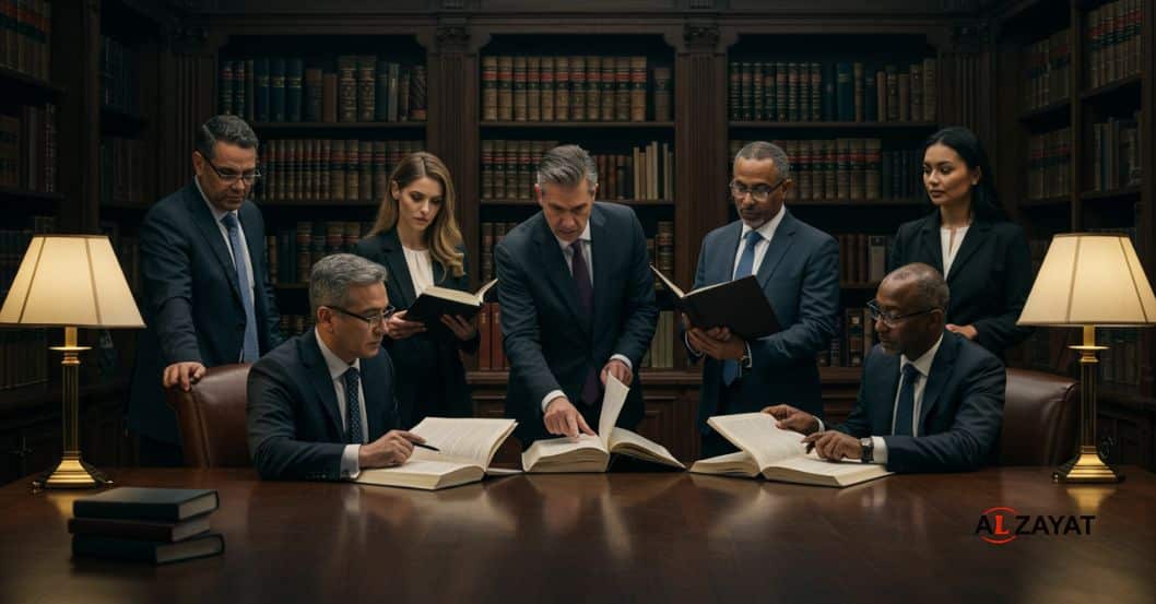 Une équipe d'avocats collaborant sur une affaire juridique complexe, représentant une expertise spécialisée