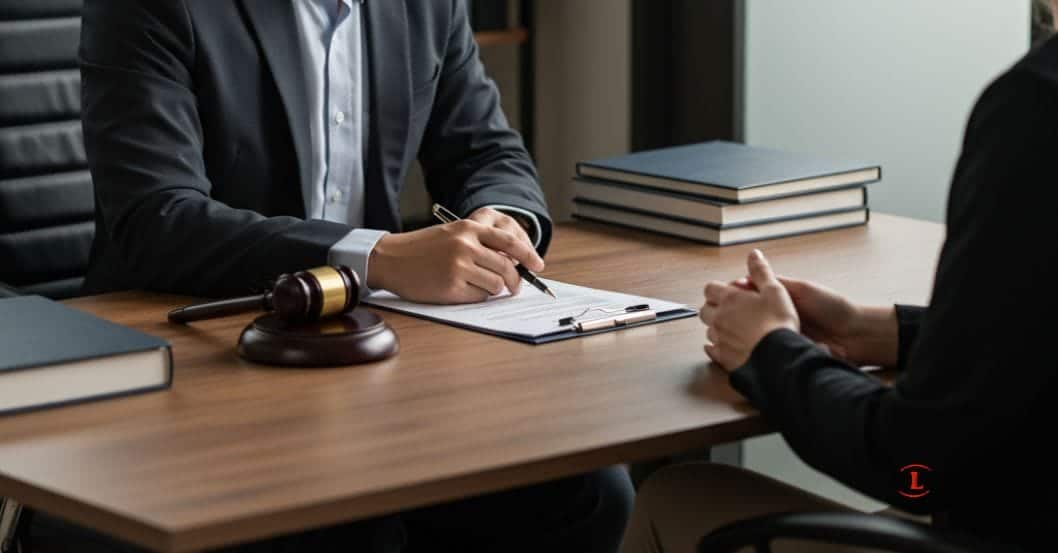 A lawyer offering a compassionate consultation to a client in a professional office setting