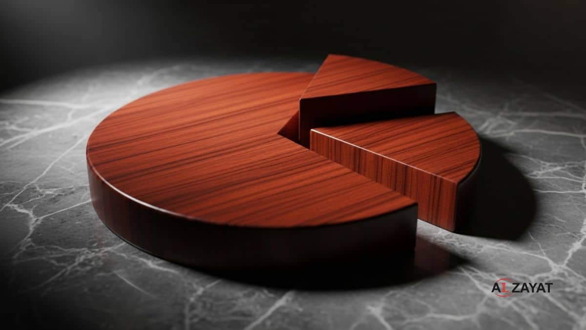 A hyper-realistic image visualizing Swiss inheritance law, showing a polished mahogany pie chart with two distinct sections being separated, stamped with the firm logo.