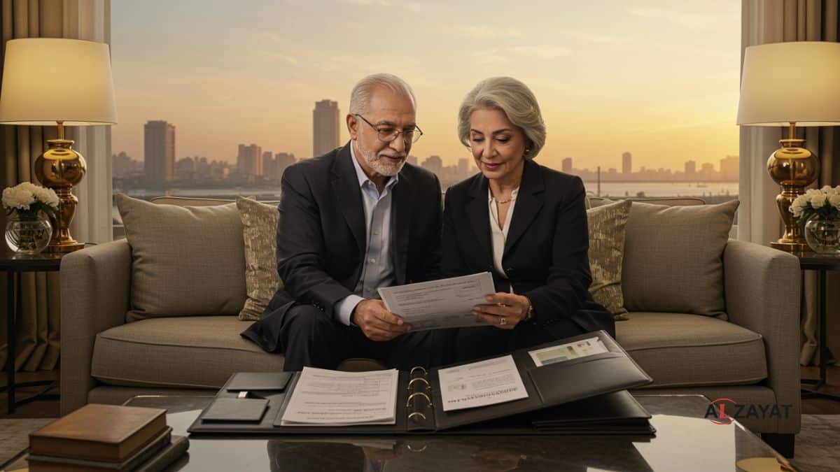 Uma imagem hiper-realista da gestão de património no Egito, mostrando um casal mais velho a rever um portfólio num ambiente de luxo, com o logótipo da firma.