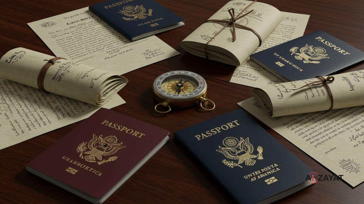 Une image représentant les complexités du droit international des successions, avec plusieurs passeports et documents juridiques, estampillée du logo du cabinet.