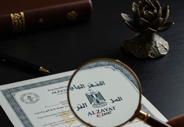 A lei de marcas registradas do Egito simbolizada por uma lupa sobre o logotipo de uma marca em um documento legal com o logotipo da Alzayat.