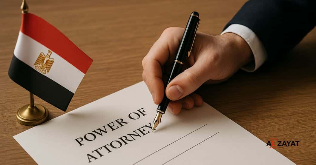 Hériter de biens en Égypte depuis l'étranger est illustré par une main signant une procuration à un bureau de consulat égyptien