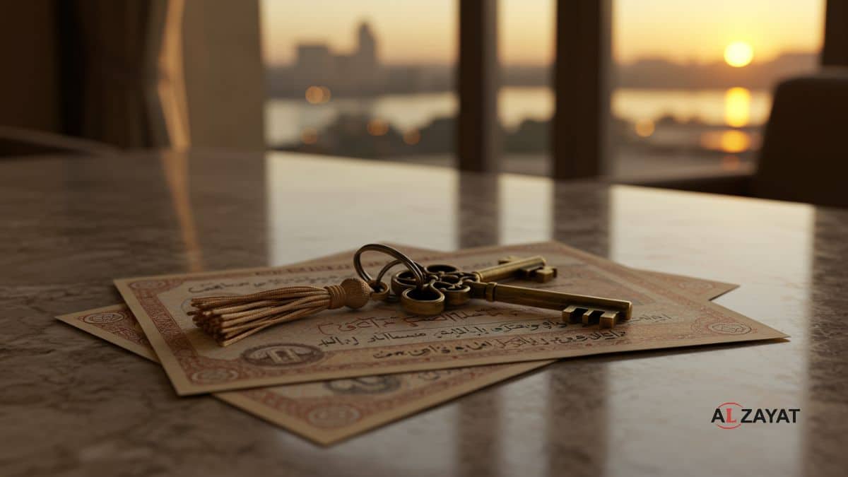 Une image opulente et symbolique pour le droit des successions égyptien, montrant un jeu de clés ornées reposant sur des titres de propriété dans un penthouse du Caire, estampillé du logo du cabinet