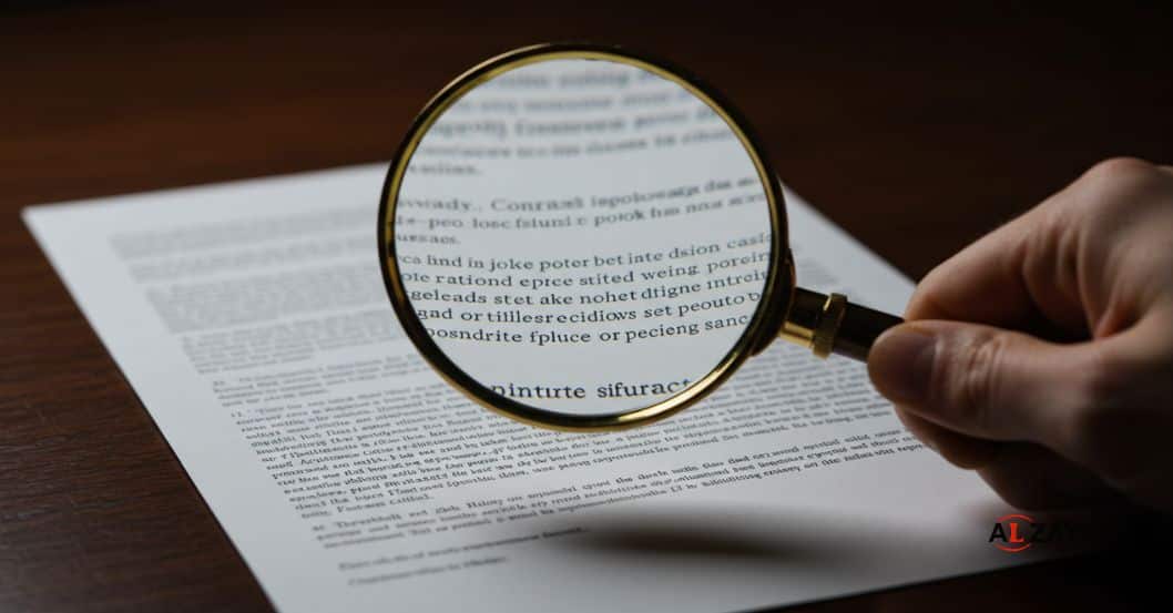 A magnifying glass hovering over a complex legal contract, representing the detailed legal review in a due diligence process