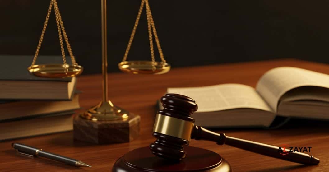 A gavel and a balanced scale on a table with legal documents, representing the fair resolution of inheritance disputes in an Egyptian court