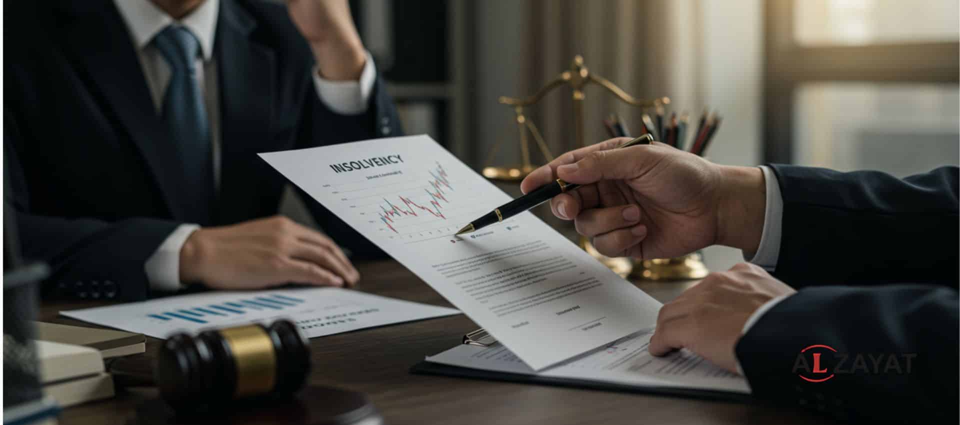 A businessperson reviewing financial documents with a lawyer in a serious meeting, representing insolvency proceedings.