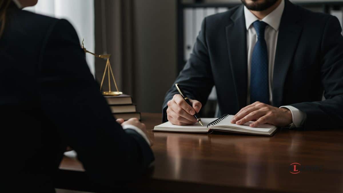A lawyer in a meeting, actively listening and taking notes while a client speaks