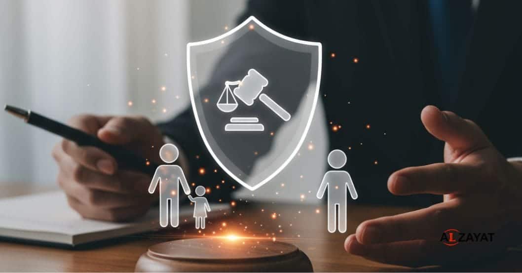 A shield icon protecting a family icon, representing the protection of children and assets during a divorce.
