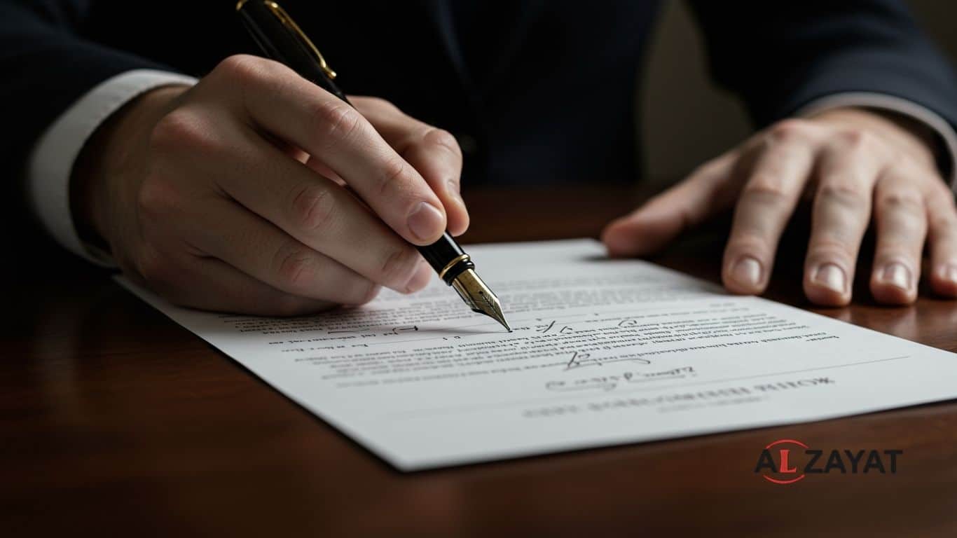 Gros plan sur les mains d'un avocat rédigeant un contrat commercial complexe, symbolisant un travail juridique méticuleux.