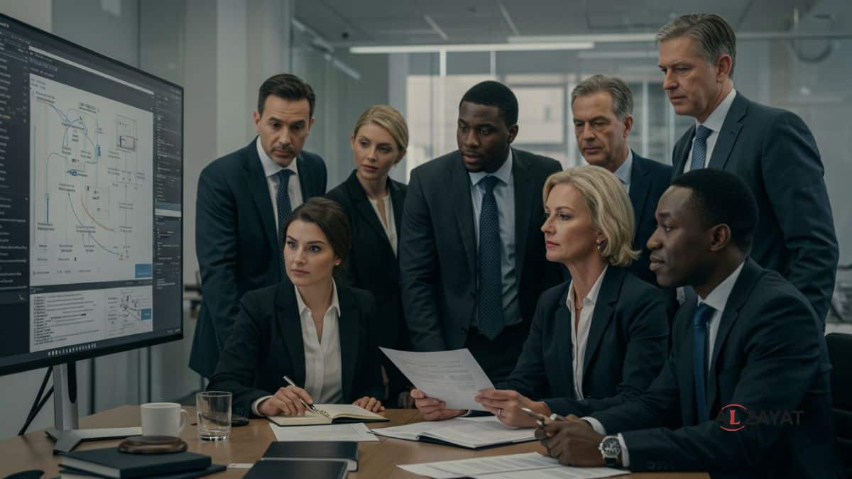 Uma equipe diversificada de profissionais do direito em uma sessão de revisão colaborativa, representando nosso processo de revisão por especialistas.