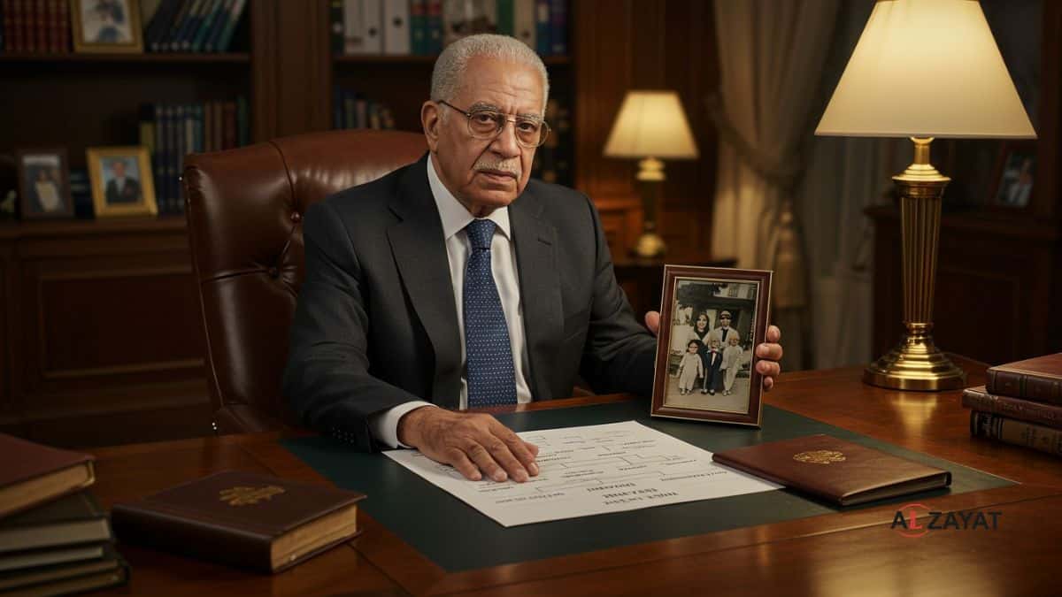 Une image hyperréaliste de la planification successorale en Égypte, montrant une personne distinguée examinant un arbre généalogique, estampillée du logo du cabinet.
