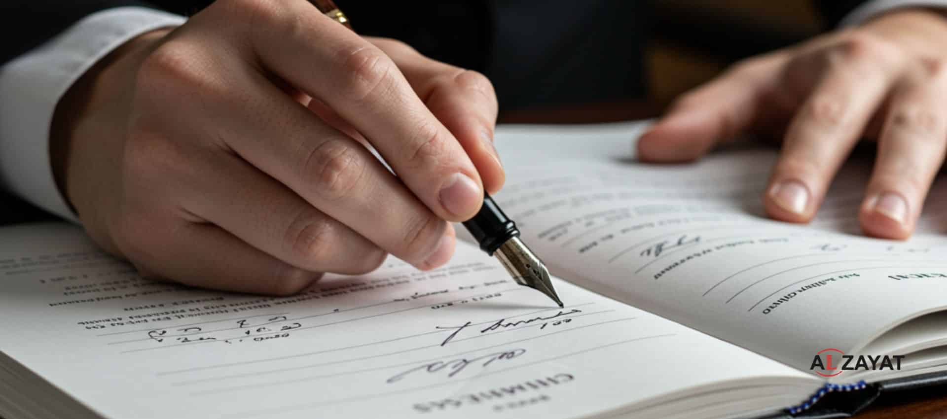 Une personne signant méticuleusement des registres officiels de l'entreprise, représentant les tâches de secrétariat de la société.