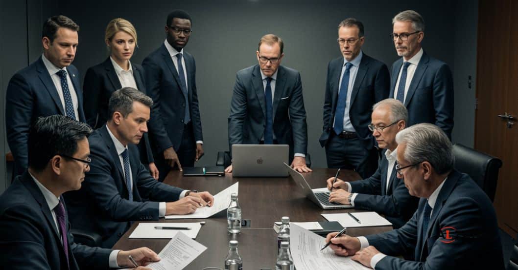 Une réunion du conseil d'administration où les administrateurs examinent attentivement des documents de F&A, représentant la surveillance du conseil