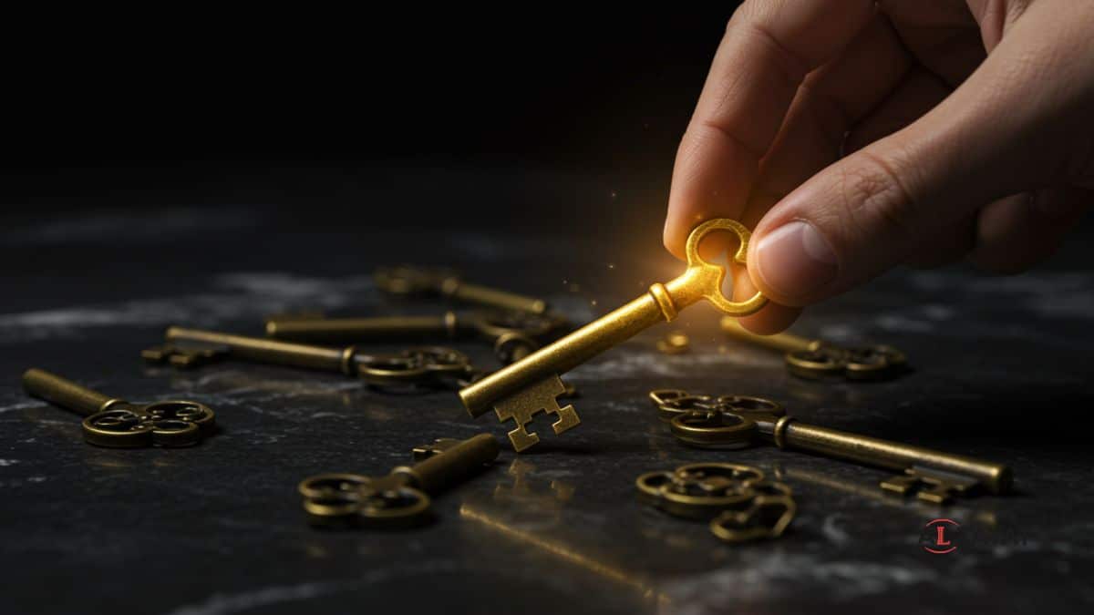 An image representing the strategic choice among the best law firms in Egypt, featuring a single golden key selected from a set of bronze keys.