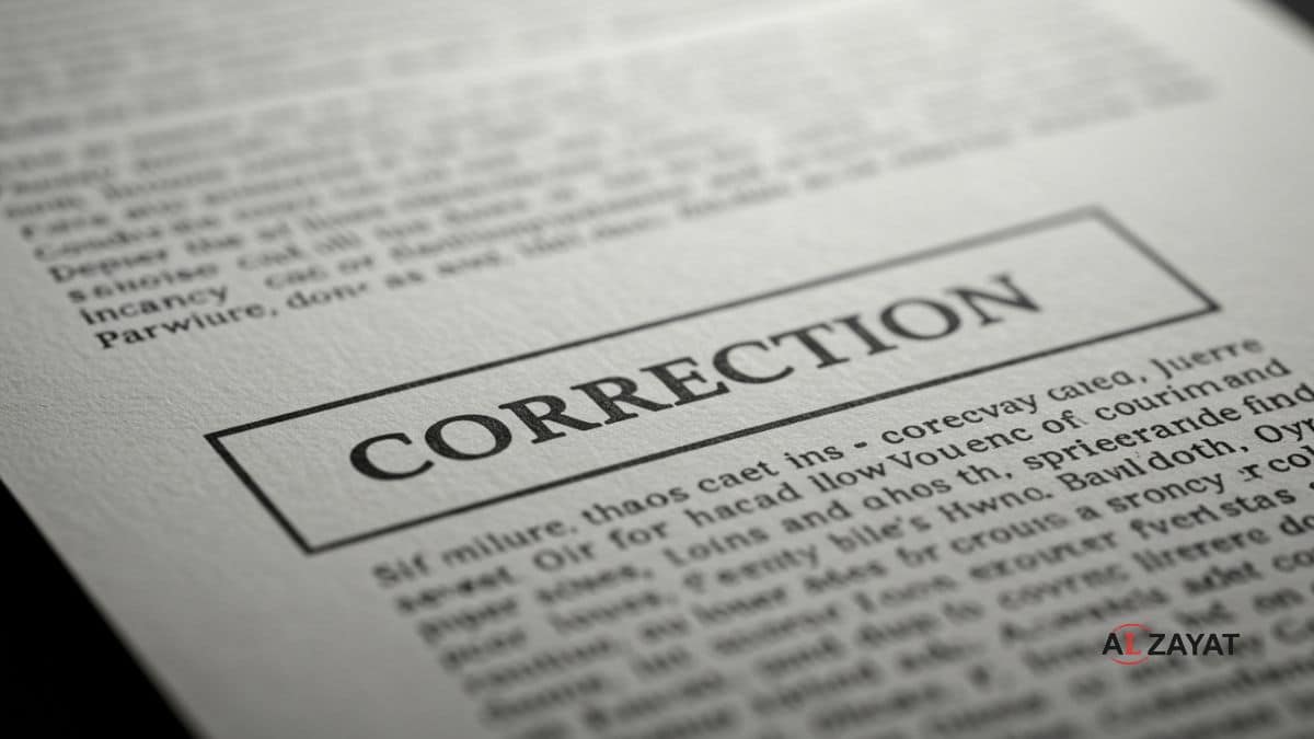 A close-up of a published article with a formal correction notice clearly visible at the bottom.