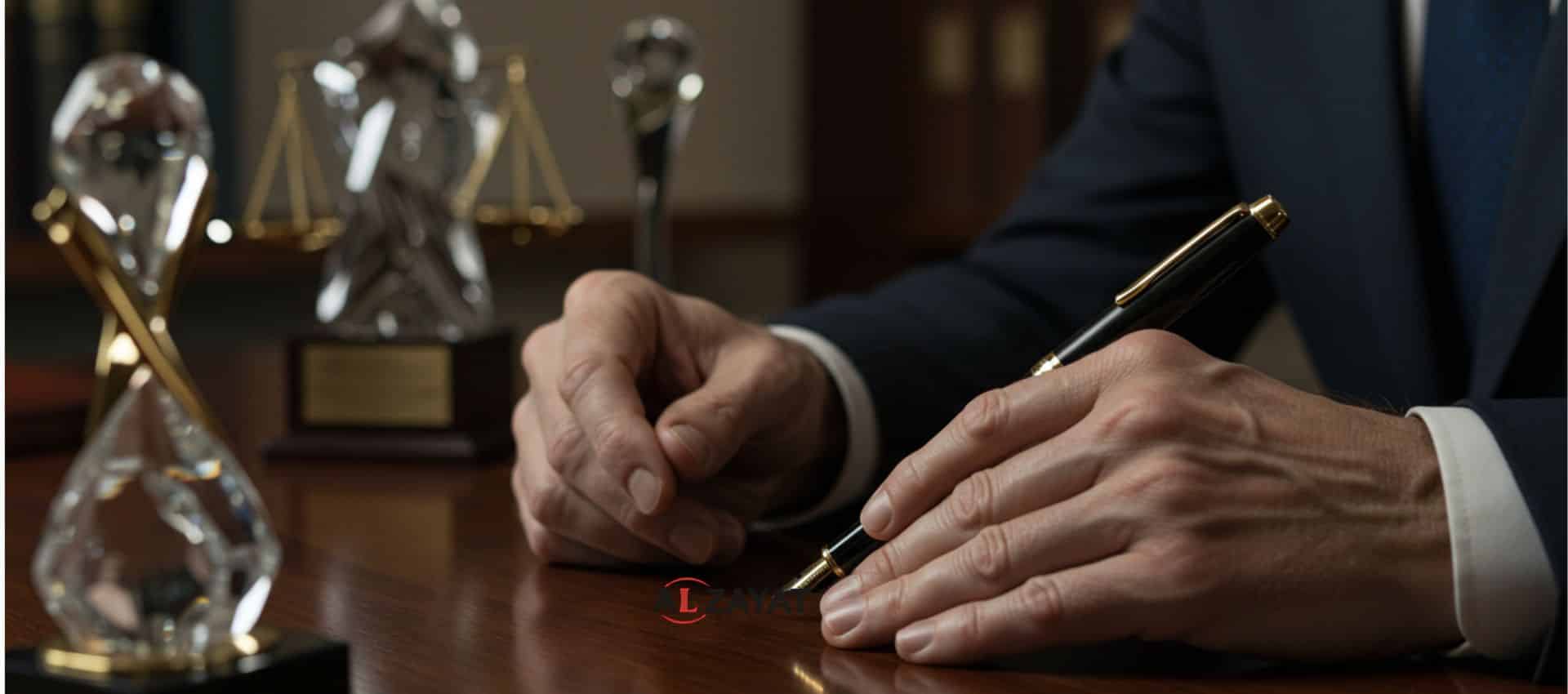Gros plan des mains d'un avocat, l'une tenant un stylo et l'autre reposant sur une pile de récompenses juridiques, symbolisant une histoire de succès.