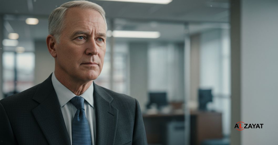 White-collar crime defense lawyers in Egypt are represented by a professional in a suit looking concerned in a modern office.