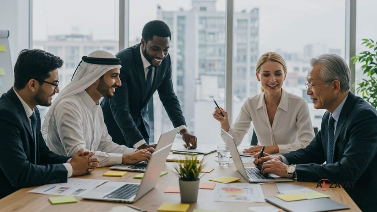 مجموعة متنوعة من المهنيين في شركة الزيات للمحاماة، ترمز إلى سياسة التنوع في الشركة للتوظيف، مع ختم شعار الشركة.