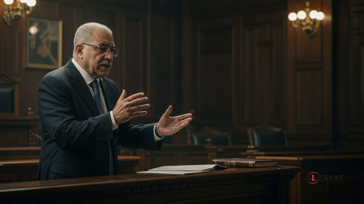 Une image hyperréaliste du meilleur avocat pénaliste en Égypte, montrant un avocat de la défense concentré dans une salle d'audience, estampillée du logo du cabinet.