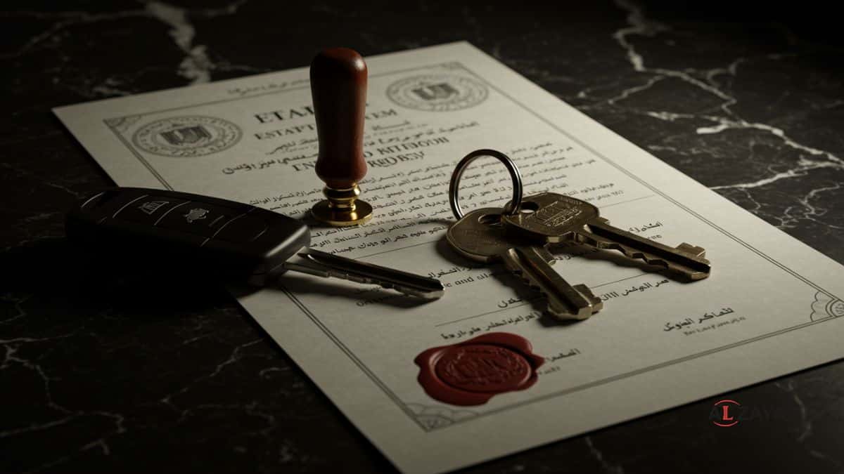 Uma imagem do passo final da administração de heranças no Egito, com chaves e um documento de distribuição, com o logótipo da firma.