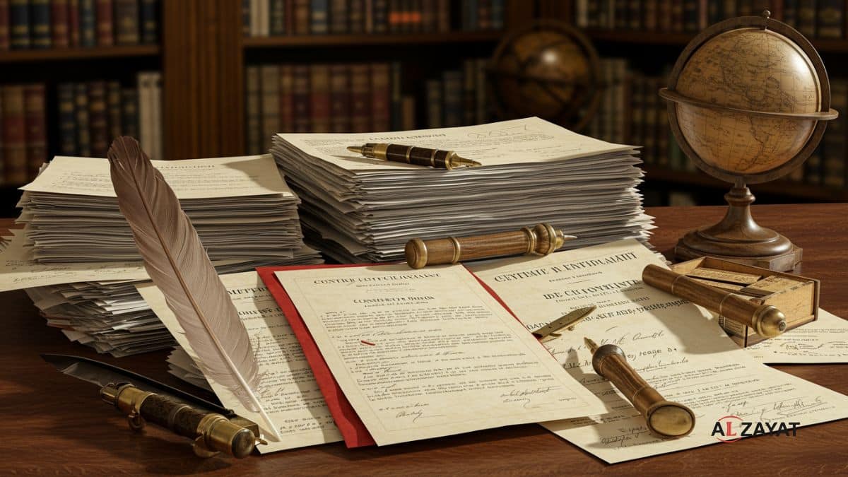 Légalisation Consulaire en Égypte  Pile de documents juridiques variés avec des stylos et des lunettes