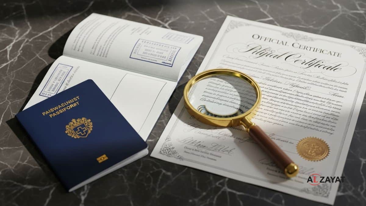 Une image représentant les documents requis pour hériter d'un compte bancaire UBS en Suisse, avec un passeport et un certificat, estampillée du logo du cabinet.