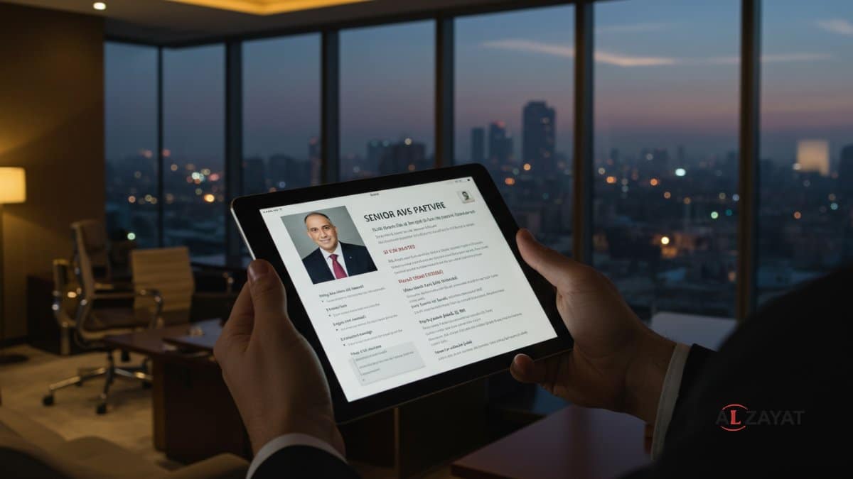 A hyper-realistic image visualizing the selection of one of the best law firms in Egypt, showing a client reviewing a partner's credentials on a tablet in a luxurious office setting, stamped with the firm logo.