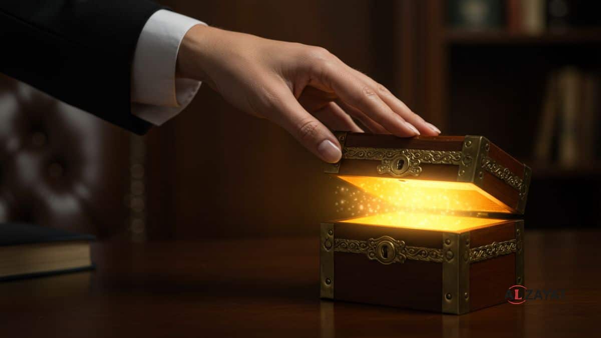An image representing the privacy aspect of estate planning secrets, featuring an ornate antique lockbox being closed, with light emanating from within, stamped with the firm logo.
