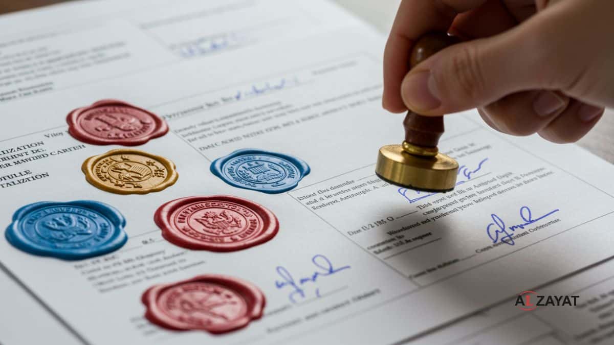 Professional document legalization process and official seals at Alzayat Law Firm