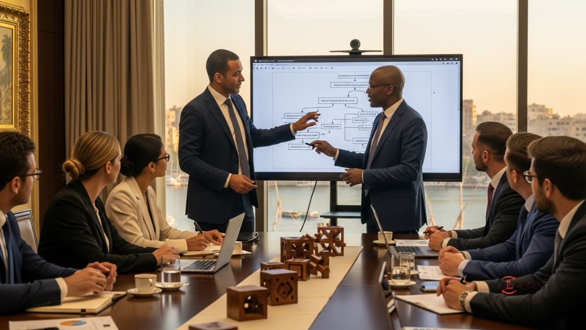 A senior lawyer at Alzayat Law Firm explains Egyptian corporate law for foreigners to international investors in a Cairo boardroom.