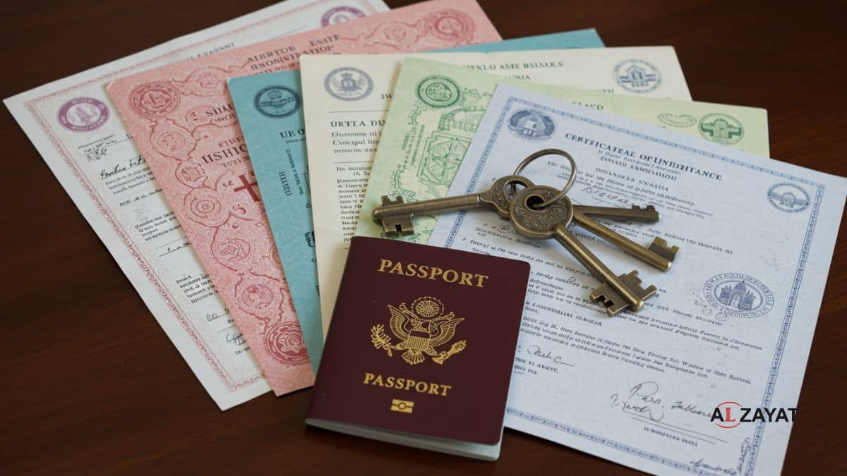 Une image représentant l'étape finale de l'administration des successions internationales, avec des clés et un passeport sur des documents juridiques.