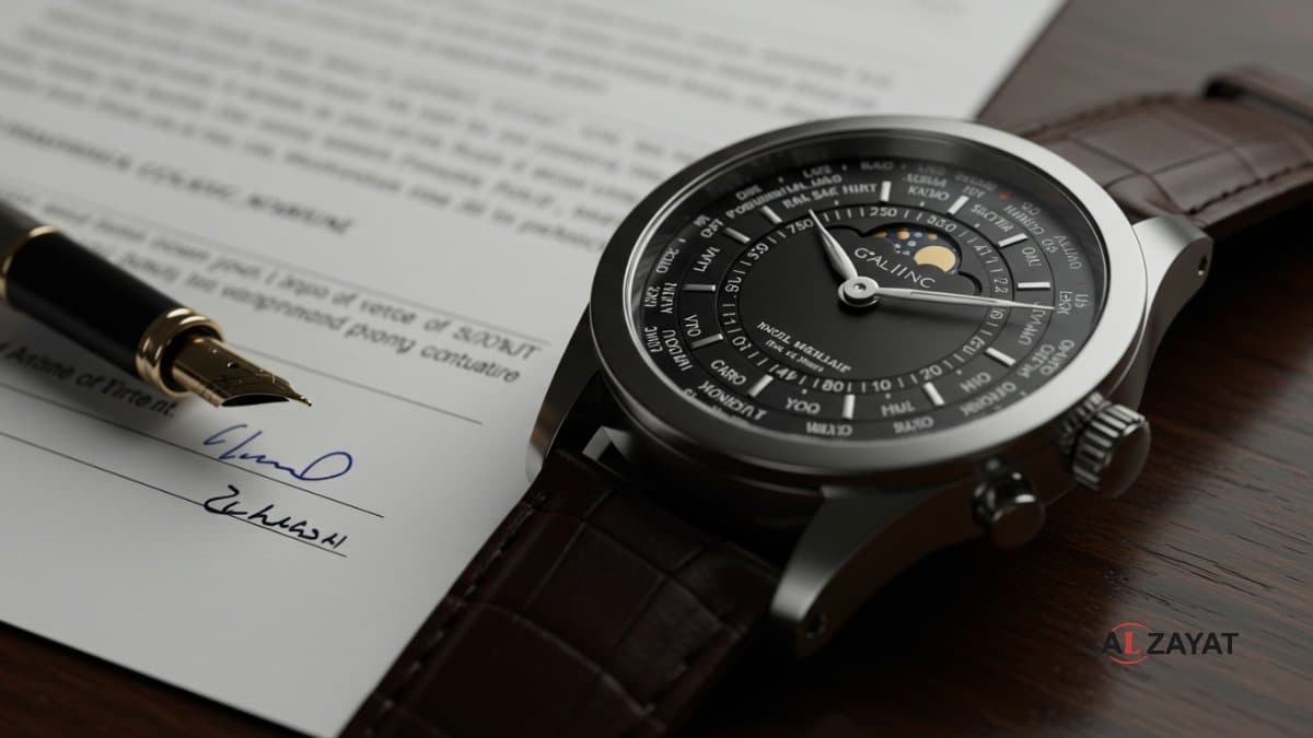Une image représentant la précision d'un service international pionnier, avec une montre à heure universelle haut de gamme, estampillée du logo du cabinet.