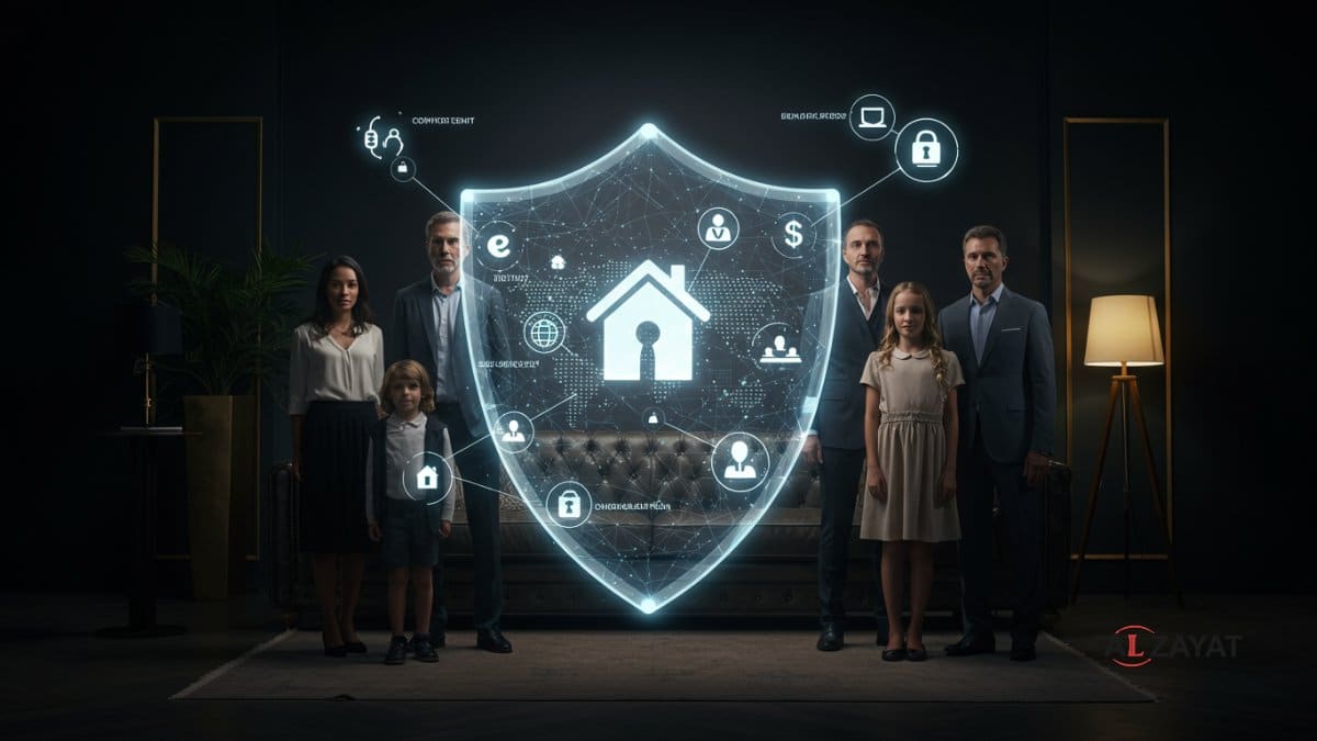 Une image représentant une planification successorale complète, montrant un bouclier holographique protégeant une famille et des actifs, estampillée du logo du cabinet.