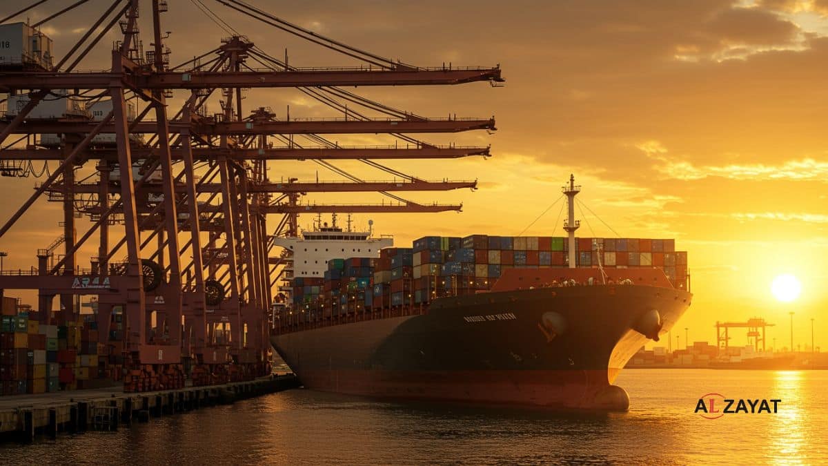Une image représentant la logistique des transactions commerciales transfrontalières en Égypte, avec un immense porte-conteneurs au lever du soleil.